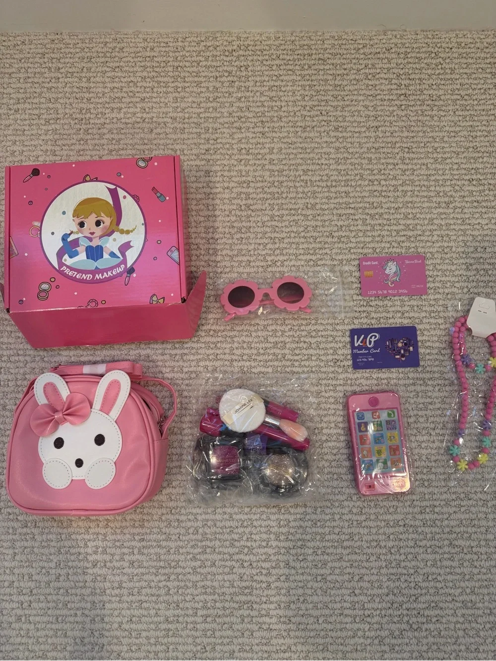 Kids Pink Pretend Makeup & Accessory Set with Bunny Purse
